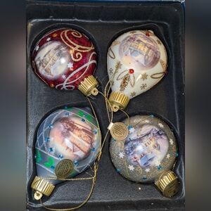 NEW Thomas Kinkade Glow of the Holidays Luminary Glass Ornament Set Christmas